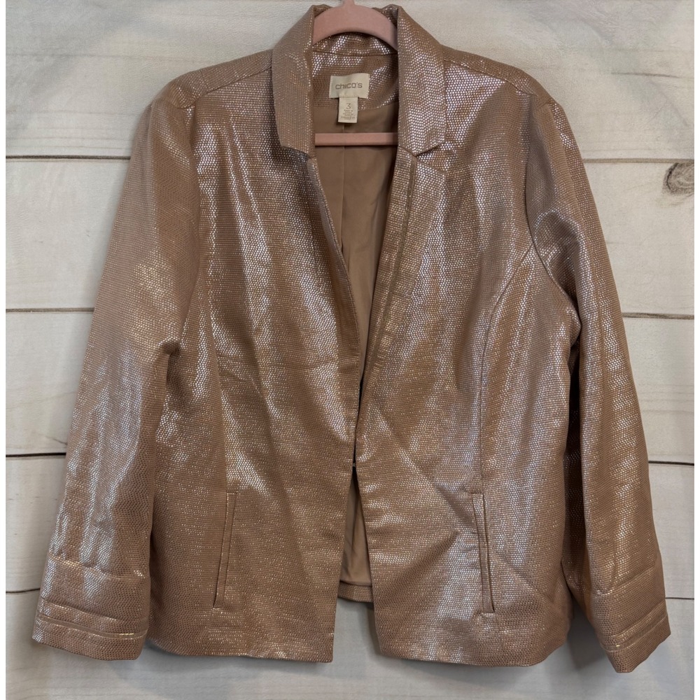 Chico's Rose Gold Metallic Textured Open Front Blazer Jacket Womens Size 3 XL